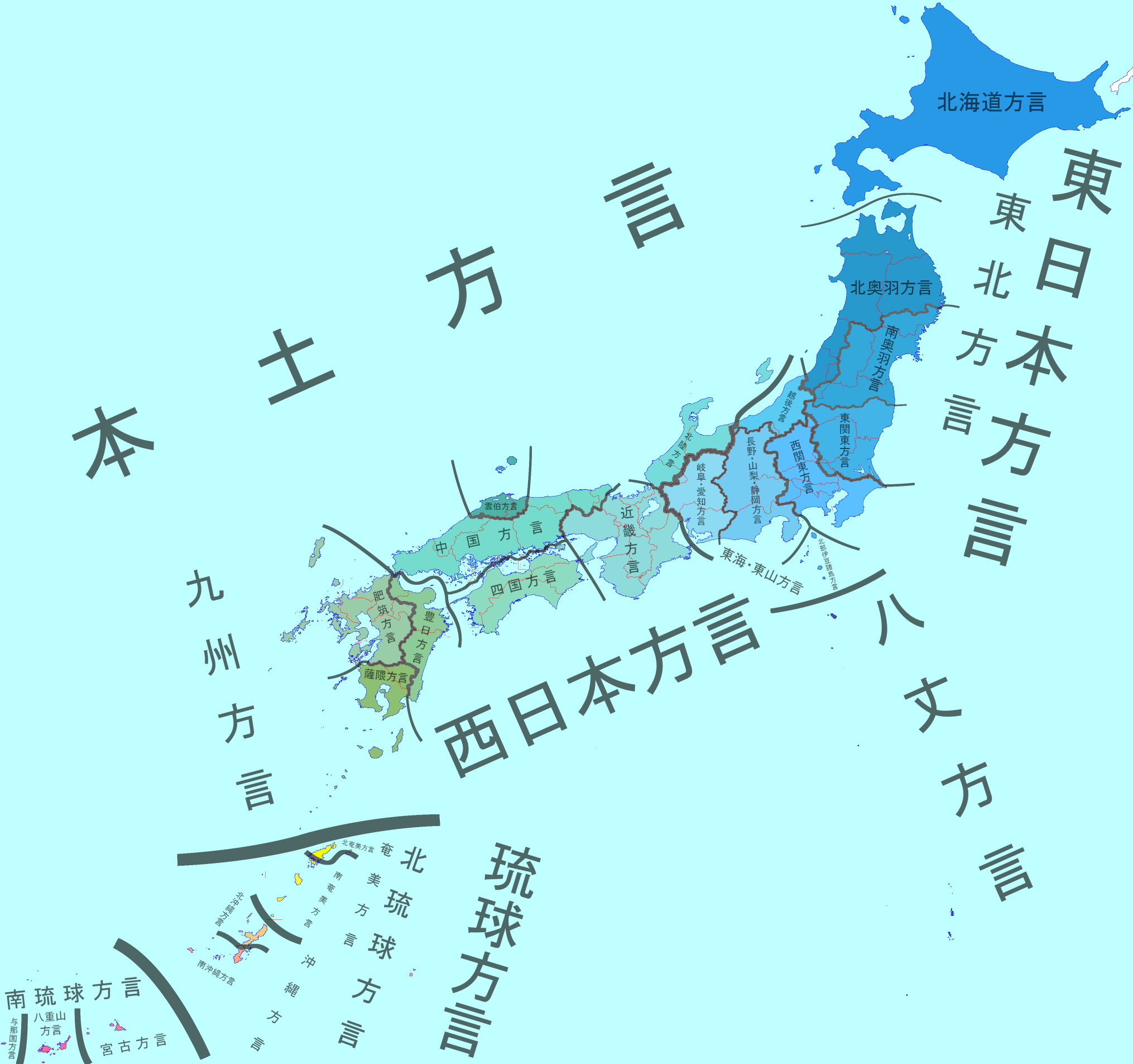 日本語の方言区画地図。
