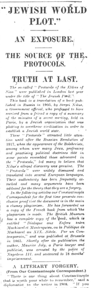 1921년 8월 16일~18일, <i>타임스</i>지는 <i>의정서</i>가 위작임을 폭로했다.