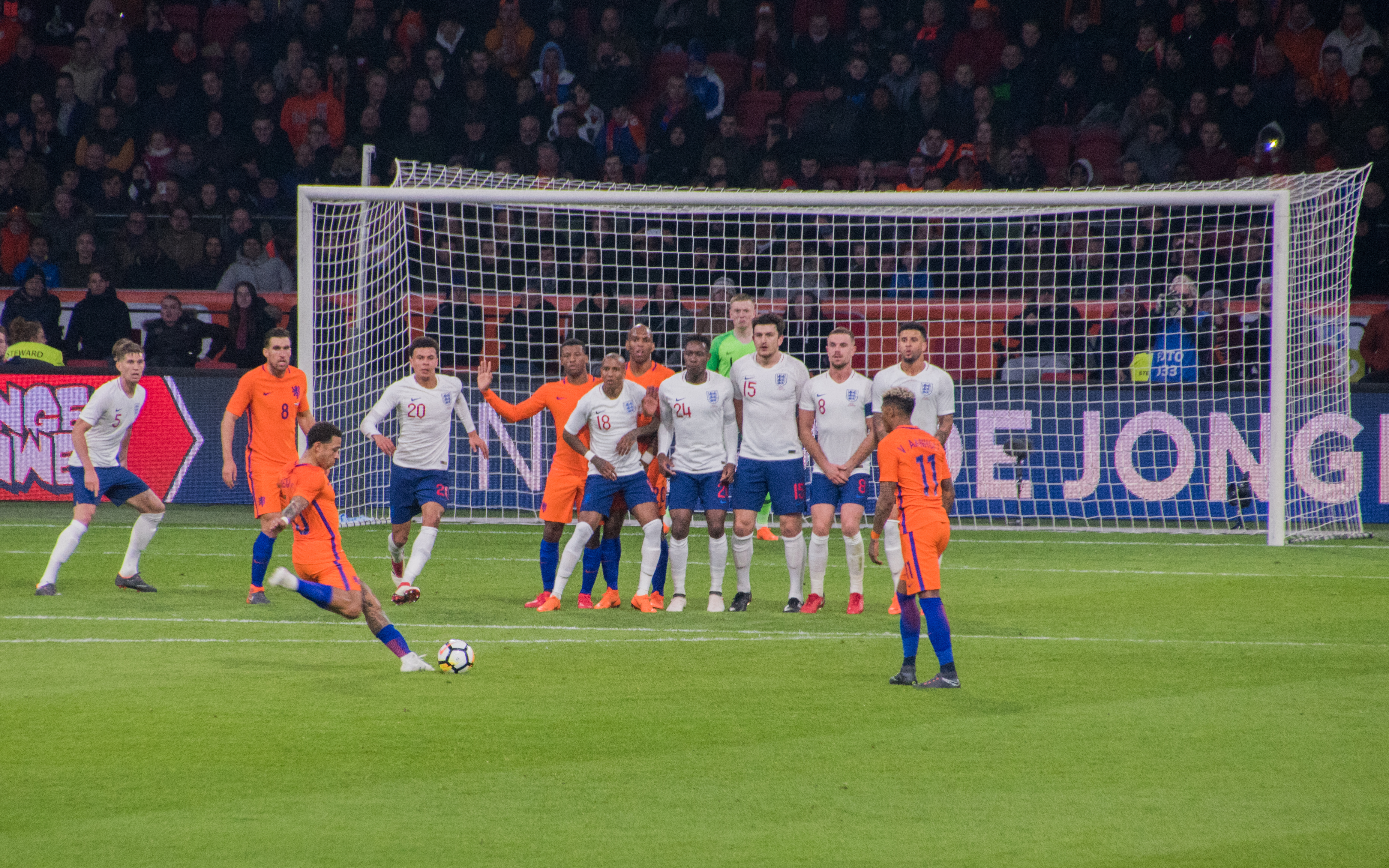 Depay taking a free kick in a friendly against England in March 2018.