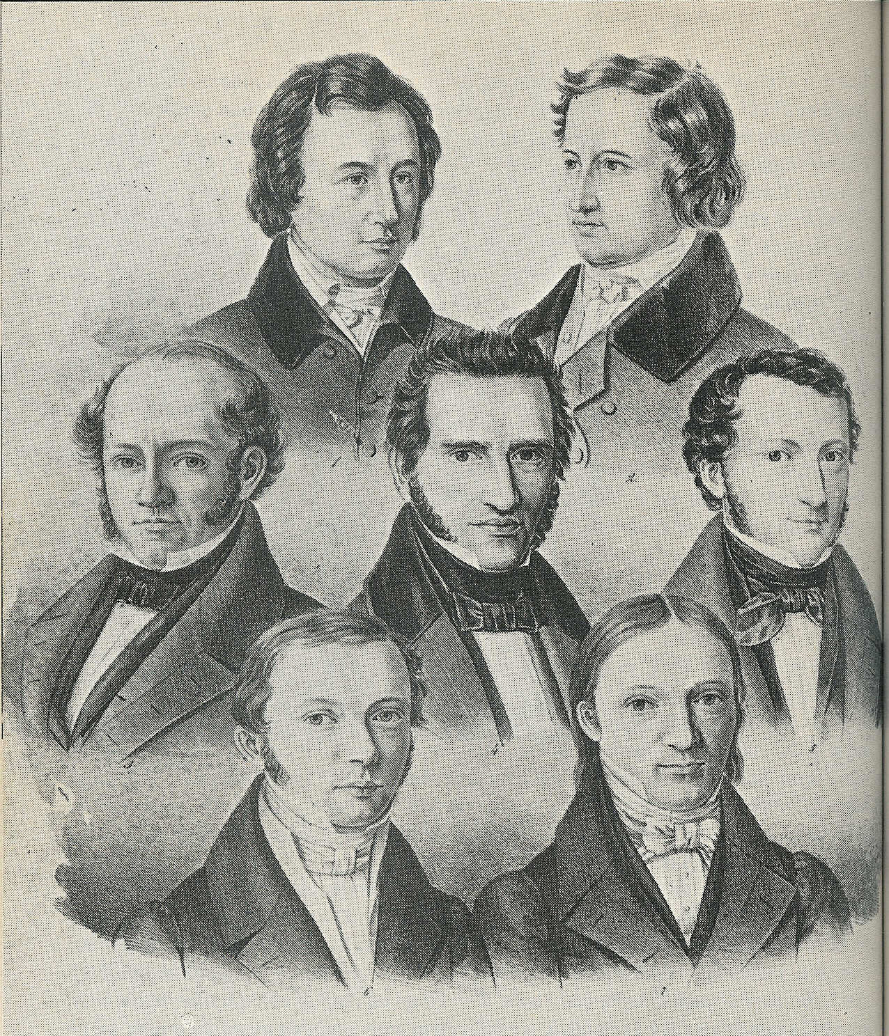 The Göttingen Seven: Wilhelm Grimm, Jacob Grimm, Wilhelm Eduard Albrecht, Friedrich Christoph Dahlmann, Georg Gottfried Gervinus, Wilhelm Eduard Weber, and Heinrich Georg August Ewald.