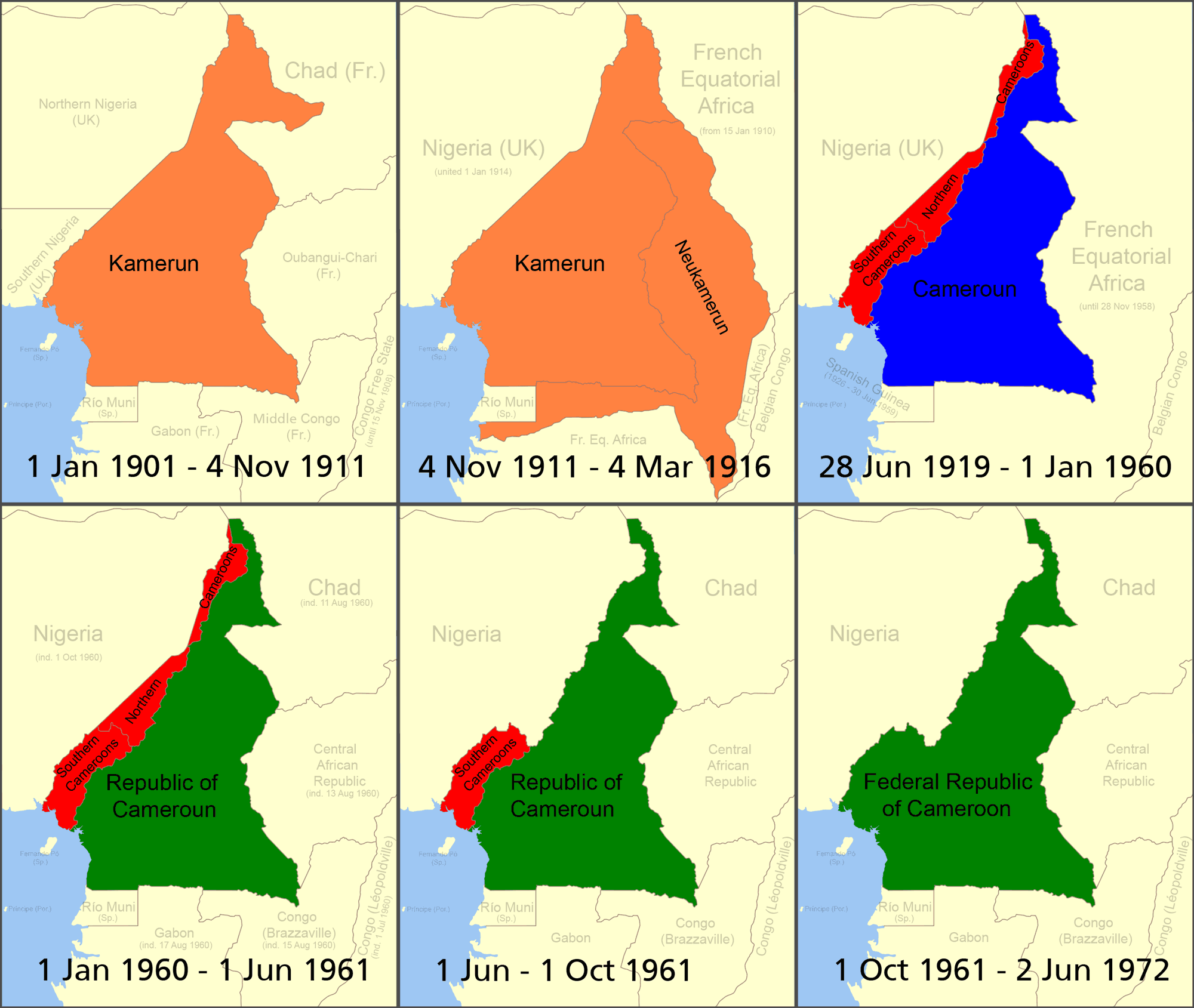 Những thay đổi về ranh giới của Cameroon (1901-1973). Màu cam: Kamerun thuộc Đức; Màu đỏ: Cameroons thuộc Anh; Màu xanh dương: Cameroun thuộc Pháp; Màu xanh lá cây: Cameroon sau độc lập.