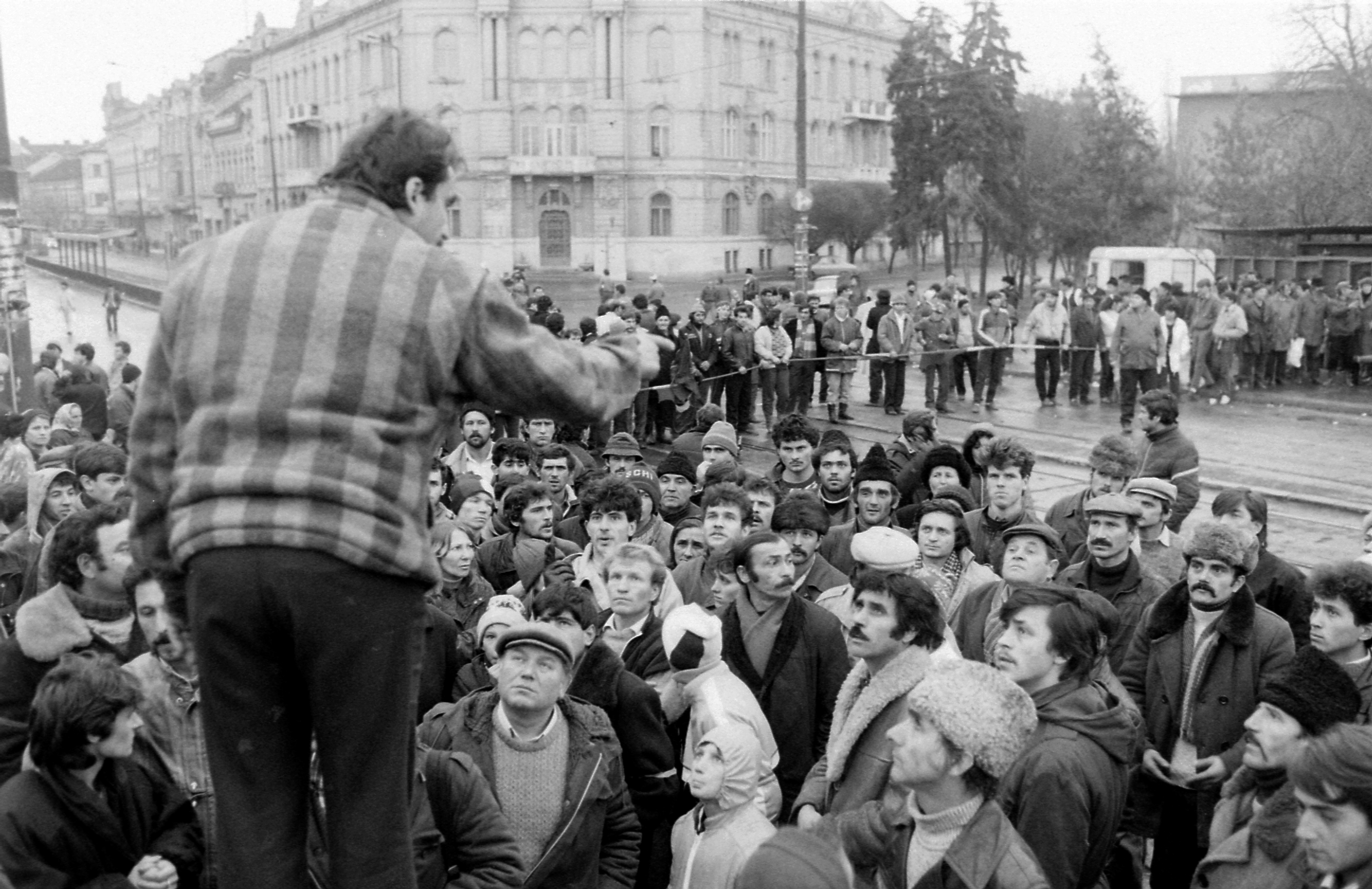 Demonstrators in Timișoara on December 16, 1989, during the early days of the Romanian Revolution that led to the fall of communism.