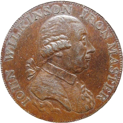 John Wilkinson, seperti yang digambarkan pada token halfpenny 1793 yang dicetak oleh Soho Mint Matthew Boulton.