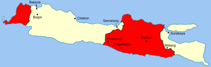 Peta kekuasaan Republik Indonesia (merah) dan Belanda (krem) di Pulau Jawa menurut Perjanjian Renville.