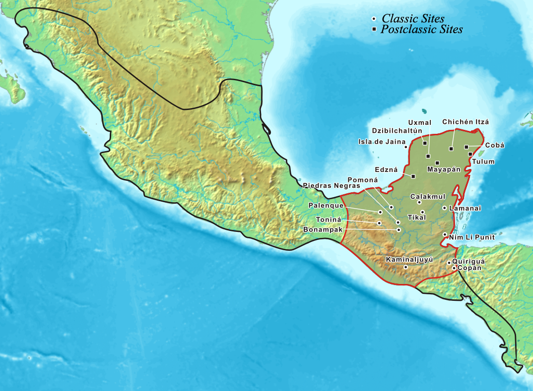 Map showing the extent of the Maya civilization, including the area of modern-day Belize.