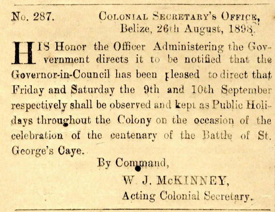 An excerpt from the 1898 Gazette that declared 10 September an official holiday, Battle of St. George's Caye Day.