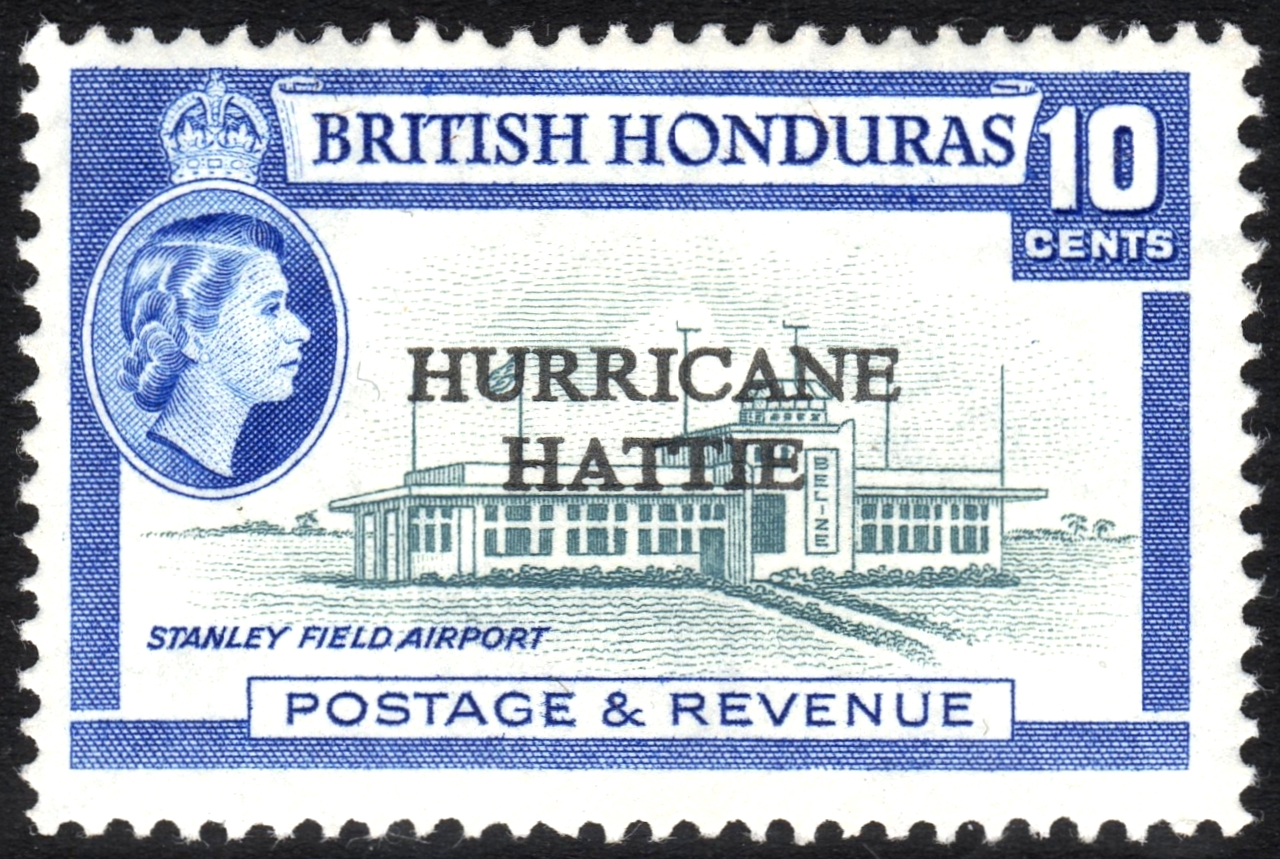 A British Honduras postage stamp overprinted in 1962 to mark Hurricane Hattie.
