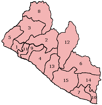 Peta county di Liberia yang menunjukkan lima belas countynya.