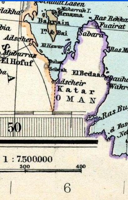 Qatar trong bản đồ năm 1891 của Adolf Stieler, với Al Bidda là khu định cư chính