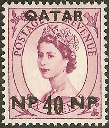 Một con tem series Wilding của Anh, phát hành ngày 1 tháng 4 năm 1957, và được in đè để sử dụng tại Qatar
