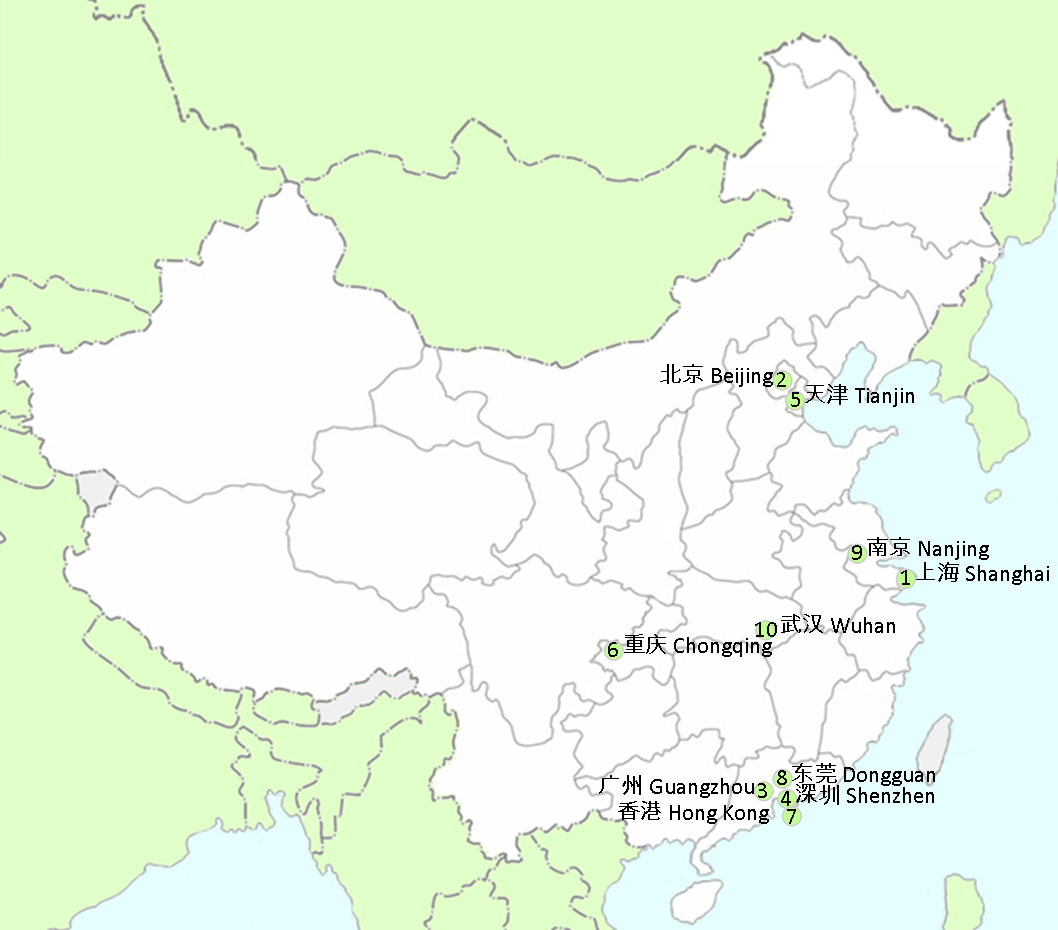 Map of the ten largest cities in China by urban population (2010 census data)