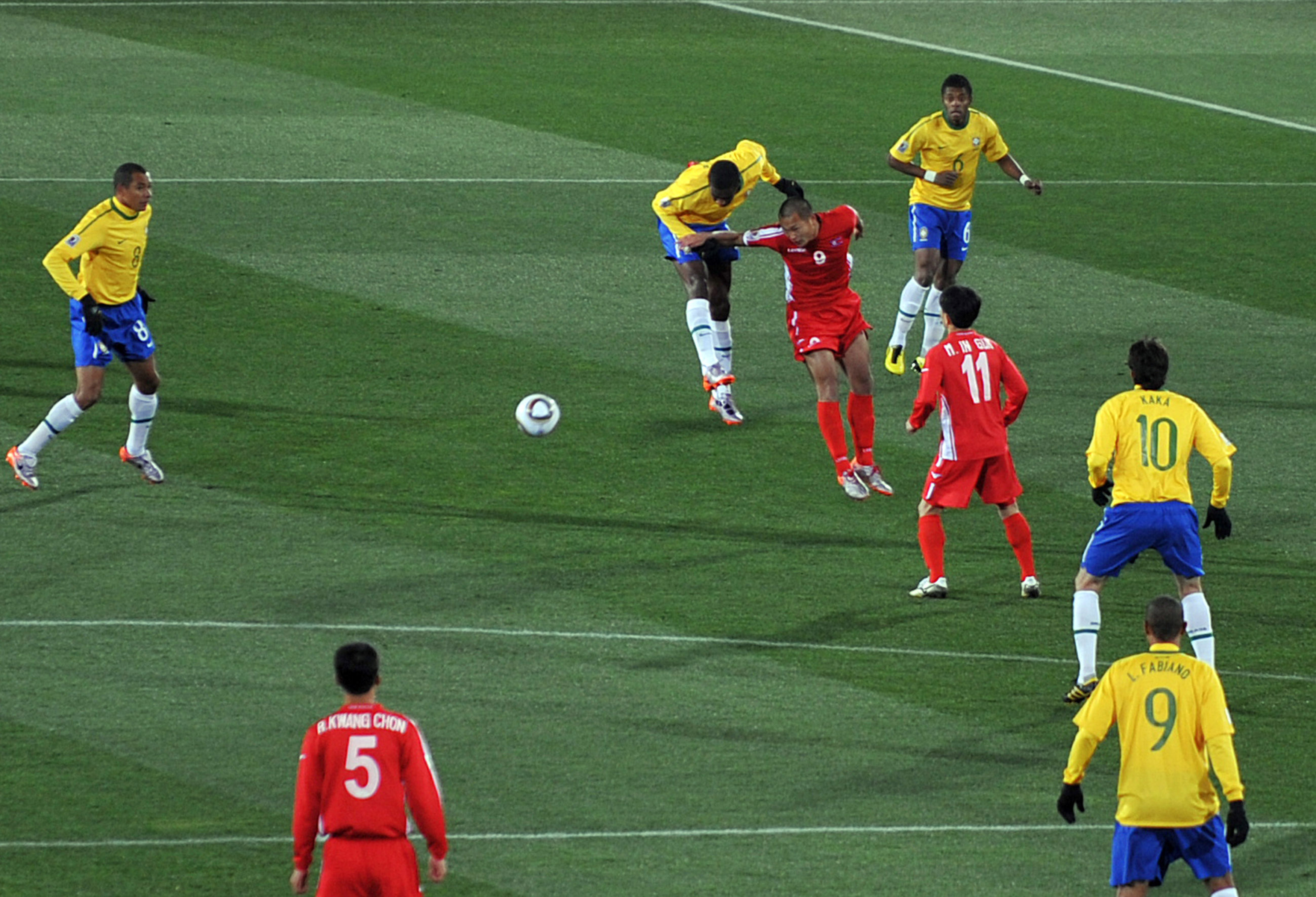 North Korea (in red) playing against Brazil at the 2010 FIFA World Cup.