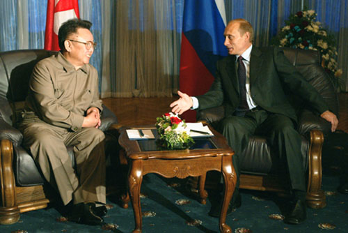 Russian President Vladimir Putin meeting with then-North Korean leader Kim Jong Il in 2002.