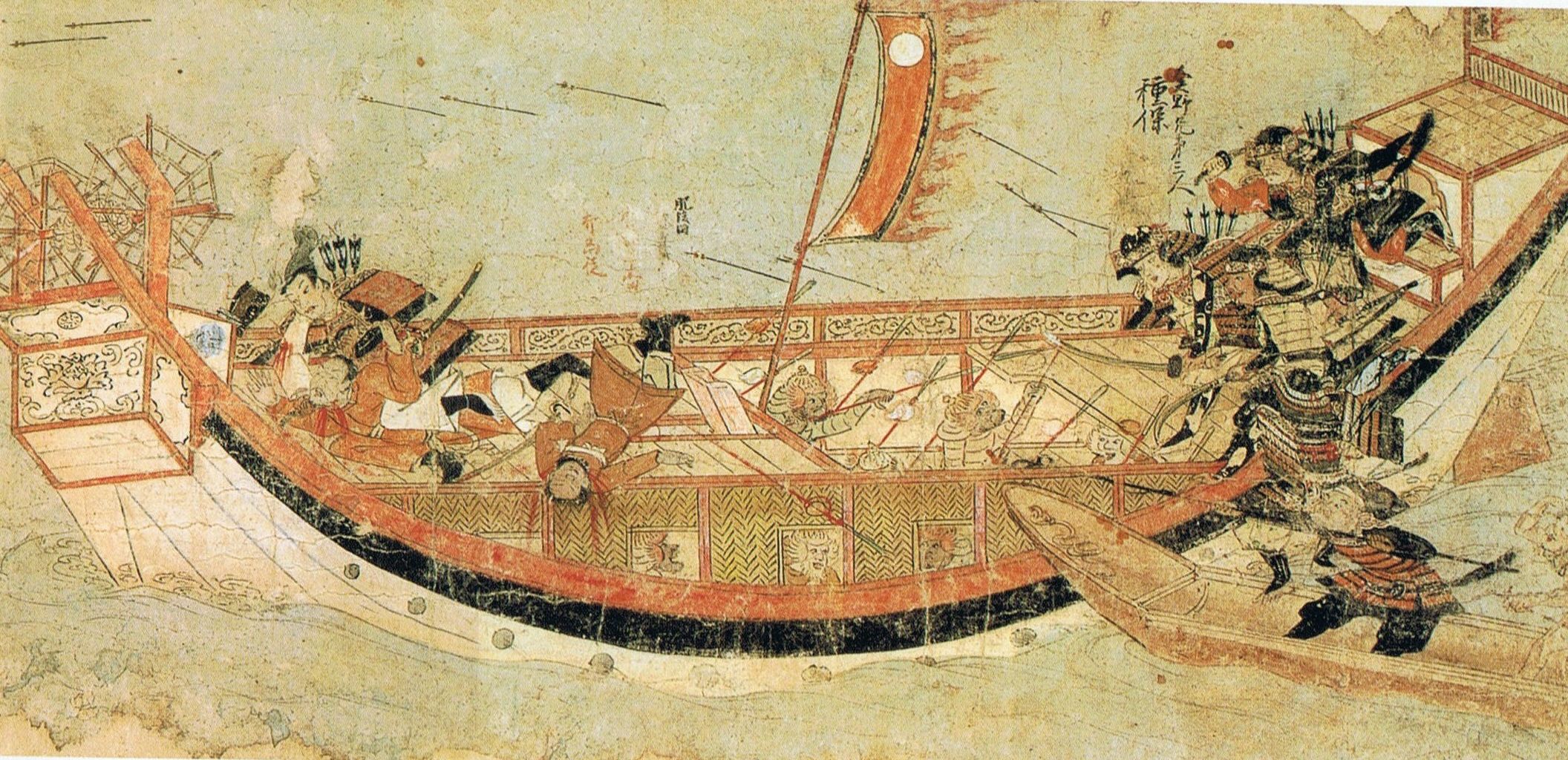 1293년 몽고습래회사에 묘사된, 원나라의 일본 원정 당시 몽골 함선에 오르는 일본 사무라이.