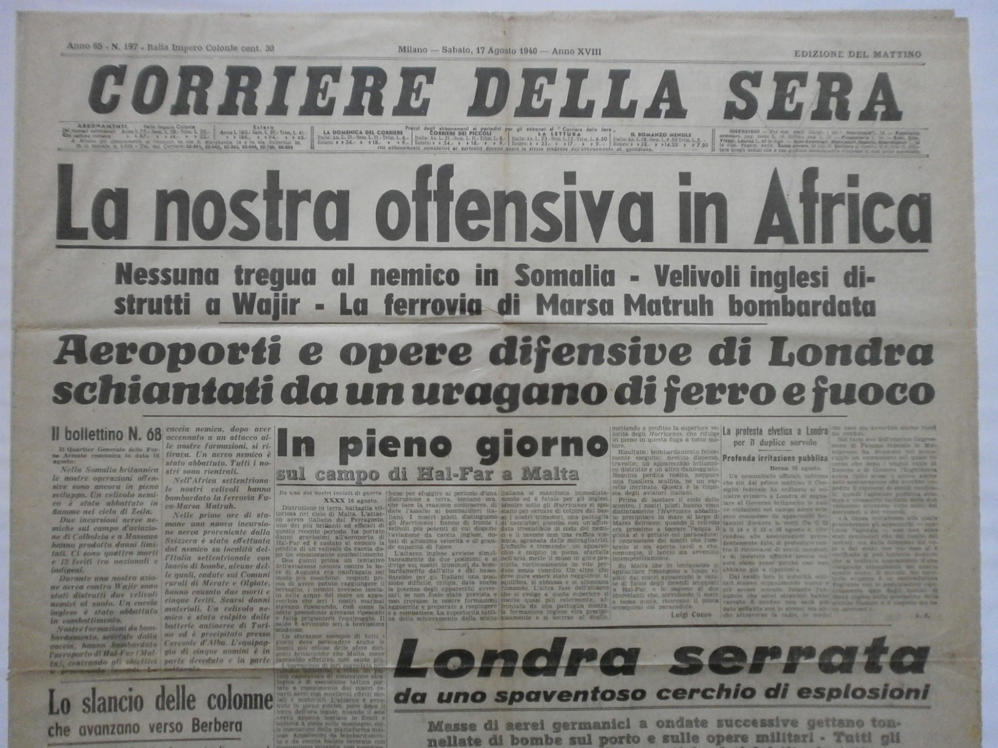 Surat kabar Italia Corriere della Sera meliput dimulainya serangan Somaliland Britania
