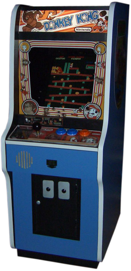 An upright arcade cabinet with a joystick and three buttons, colored in red, blue, white, and black