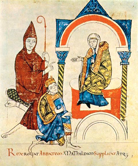 Hugh of Cluny, Henry IV, Holy Roman Emperor, and Matilda of Tuscany depicted in a 12th-century manuscript.