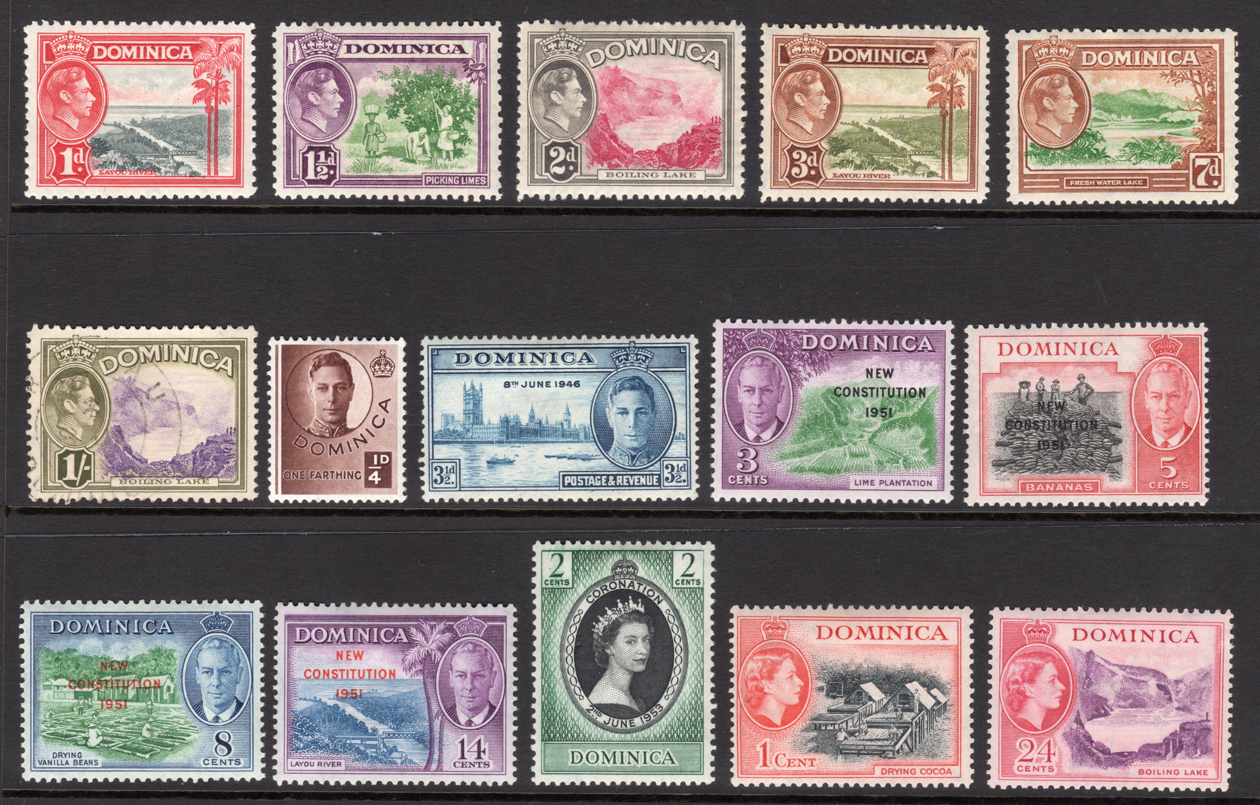 Dominica stamps from the colonial era featuring portraits of King George VI and Queen Elizabeth II.