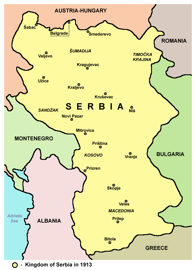 The division of the Kosovo Vilayet between the Kingdom of Serbia (yellow) and the Kingdom of Montenegro (green) after the Balkan Wars in 1913.