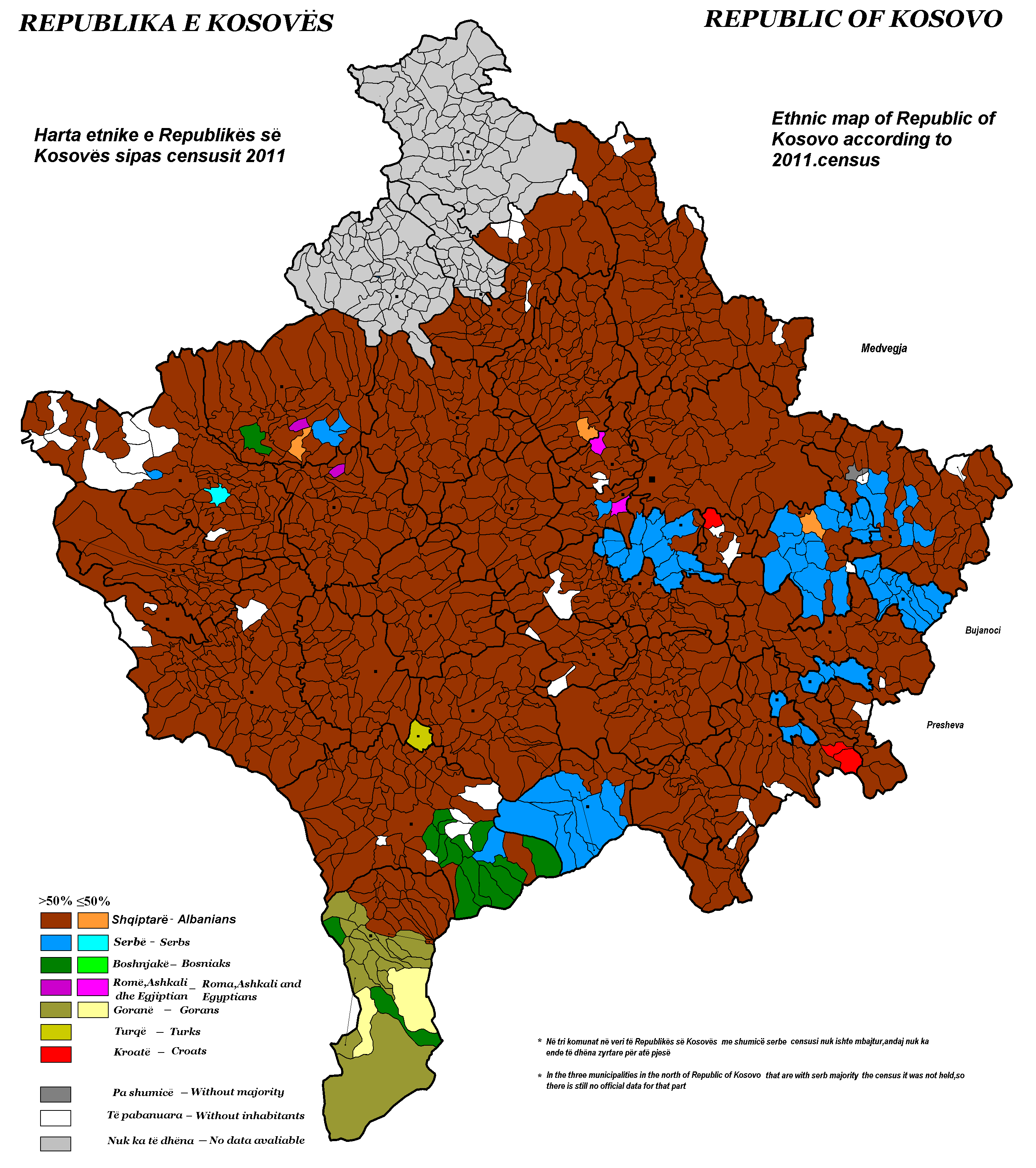 Ethnic distribution in Kosovo according to the 2011 census. Albanians (green) form the majority in most areas, while Serbs (blue) are concentrated in the north and some enclaves. Other groups include Bosniaks (orange), Turks (red), Gorani (purple), and Roma/Ashkali/Egyptians.