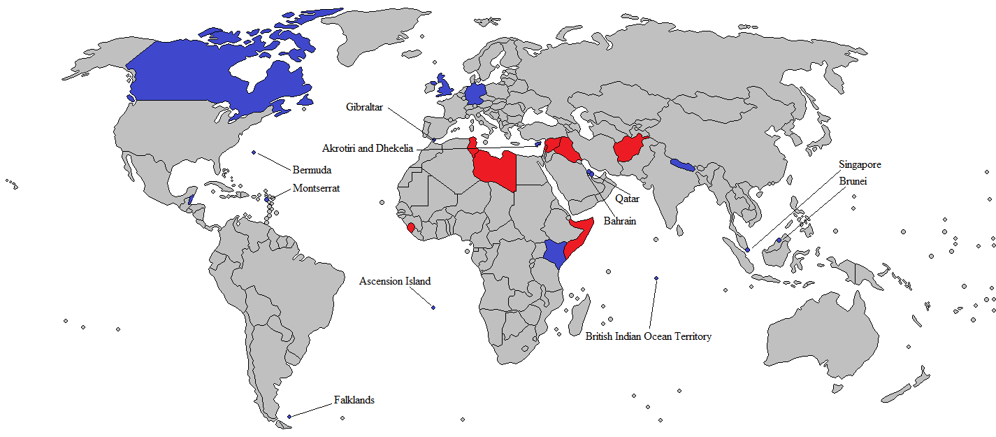 Map depicting UK overseas military installations (blue) and significant military operations since 2000 (red), including in Sierra Leone, Afghanistan, Iraq, Libya, and against the Islamic State of Iraq and the Levant.