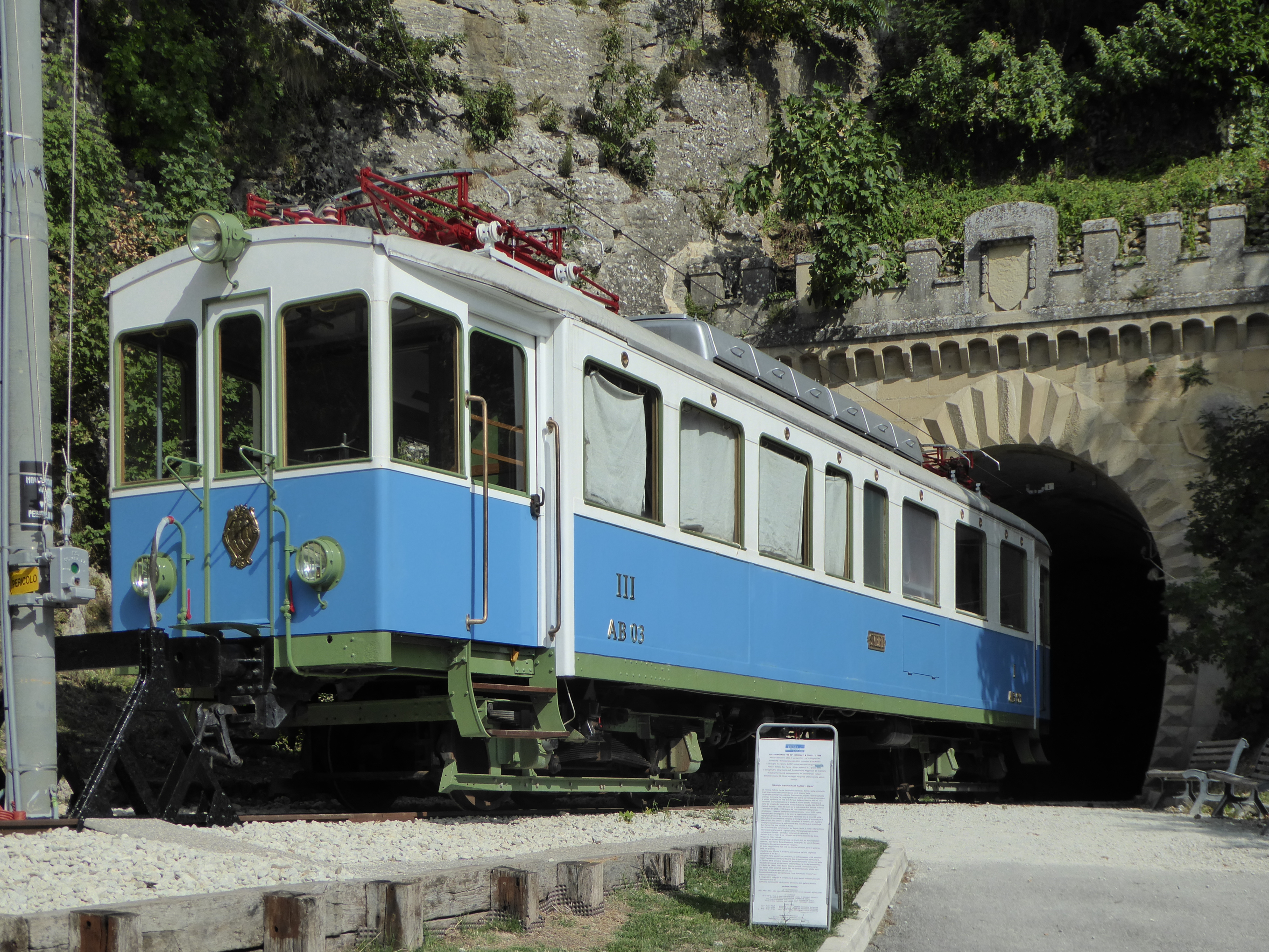 The restored AB-03 locomotive on a reactivated section of the former Rimini-San Marino railway in the City of San Marino.