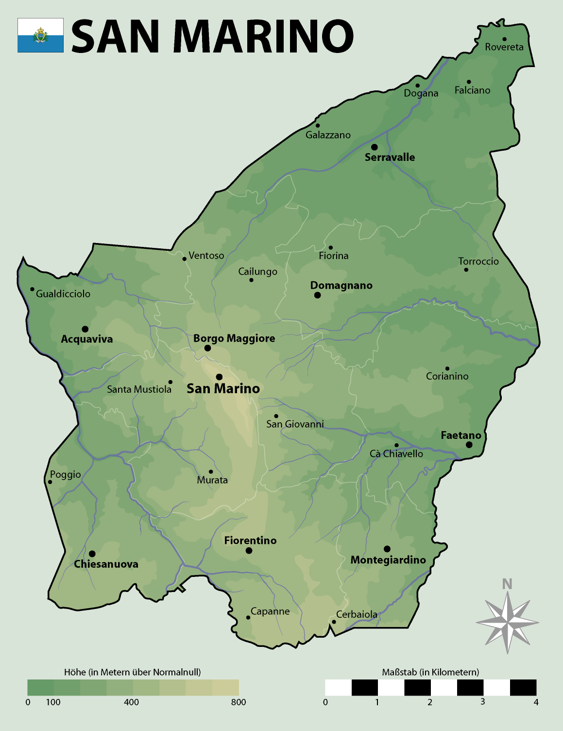 Bản đồ San Marino cho thấy các tuyến đường chính.