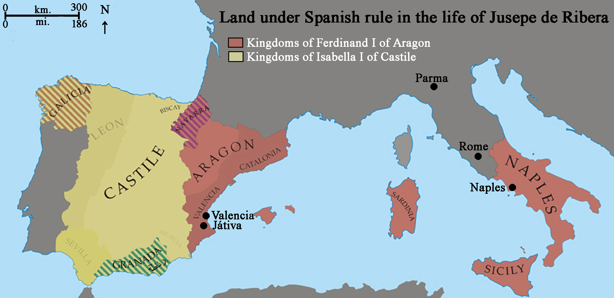 Peta wilayah di bawah kekuasaan Spanyol selama kehidupan Jusepe de Ribera (1591-1652): Játiva (kelahiran 1591), Valencia (tempat magang yang diklaim), Parma (lukisan pertama yang didokumentasikan 1611), Roma (tinggal sekitar 1612-1616), Napoli (tinggal 1616-1652 dan meninggal).