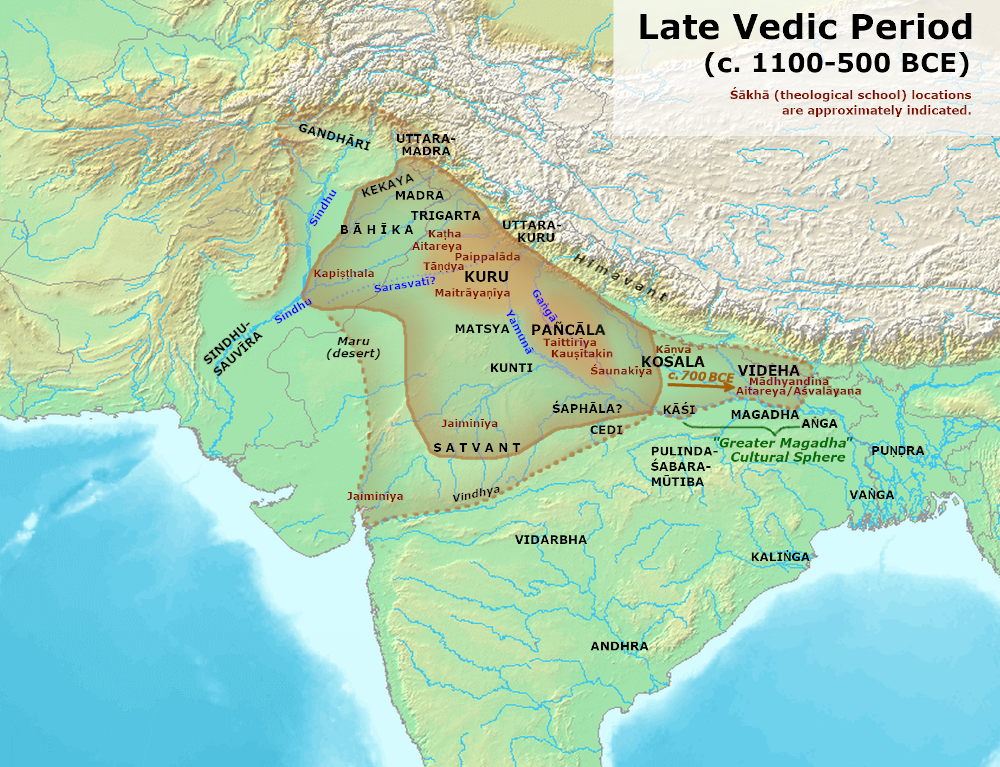 Peta era Veda Akhir yang menunjukkan batas-batas Āryāvarta dengan Janapada di India utara. Dimulainya kerajaan Zaman Besi di India- Kuru, Panchala, Kosala, Videha.