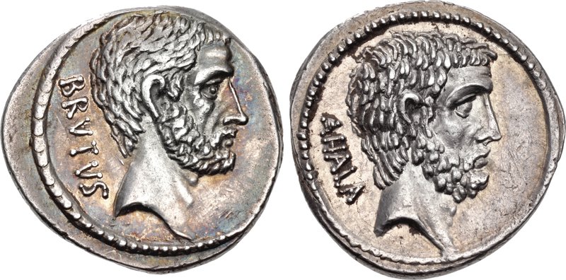 Denarius yang dicetak oleh Brutus, 54 SM, dengan potret Lucius Junius Brutus (obverse) dan Gaius Servilius Ahala (reverse).