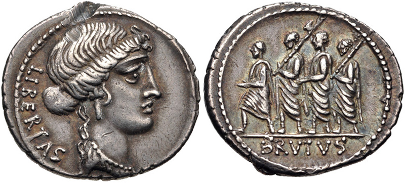 Denarius Brutus, 54 SM, menggambarkan personifikasi Libertas dan Lucius Junius Brutus dengan lictors.