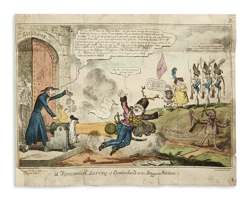 A George Cruikshank cartoon mocking Ernest at the 1815 defeat of his increased allowance. The brown section at lower right covers an image of the ghost of Sellis (visible if enlarged), who hints at the Duke's involvement in his death (Cruikshank self-censored most copies for fear of a libel suit).