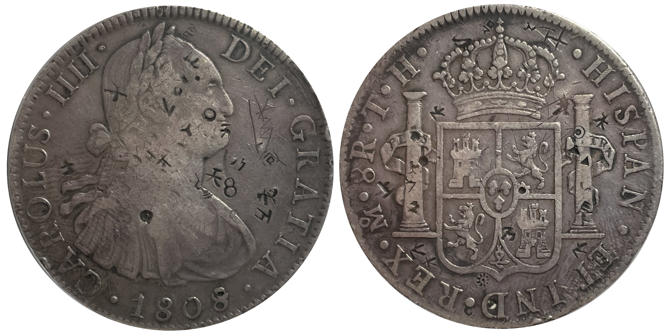 เหรียญ 8 เรียลของนิวสเปน ที่มีรูปเหมือนของพระเจ้าการ์โลสที่ 4 ในปี ค.ศ. 1808