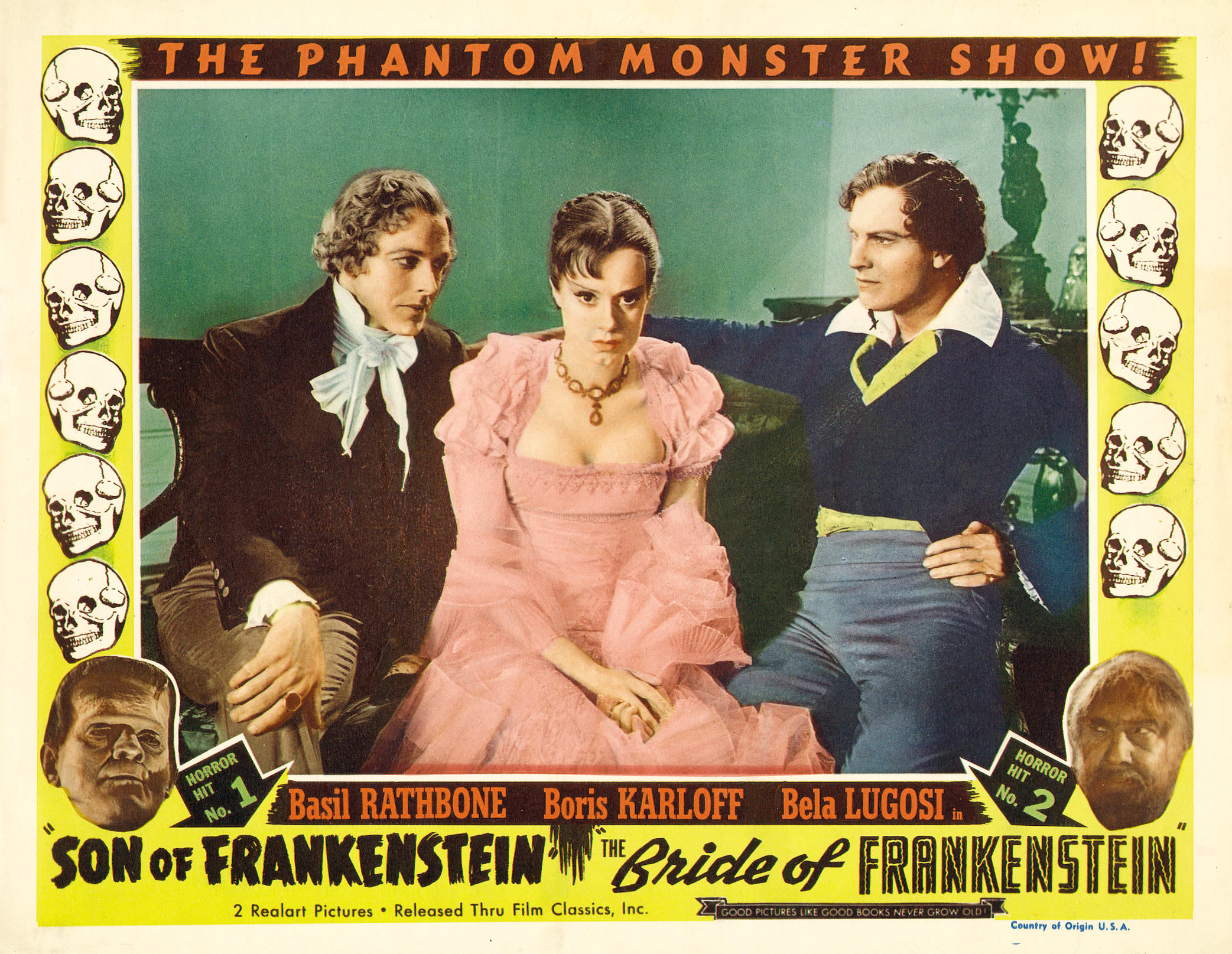 1935년 영화 Bride of Frankenstein프랑켄슈타인의 신부영어 재개봉을 위한 로비 카드. 더글러스 월턴이 퍼시 비시 셸리 역, 랜체스터가 메리 울스턴크래프트 셸리 역, 개빈 고든이 로드 바이런 역을 맡았다.
