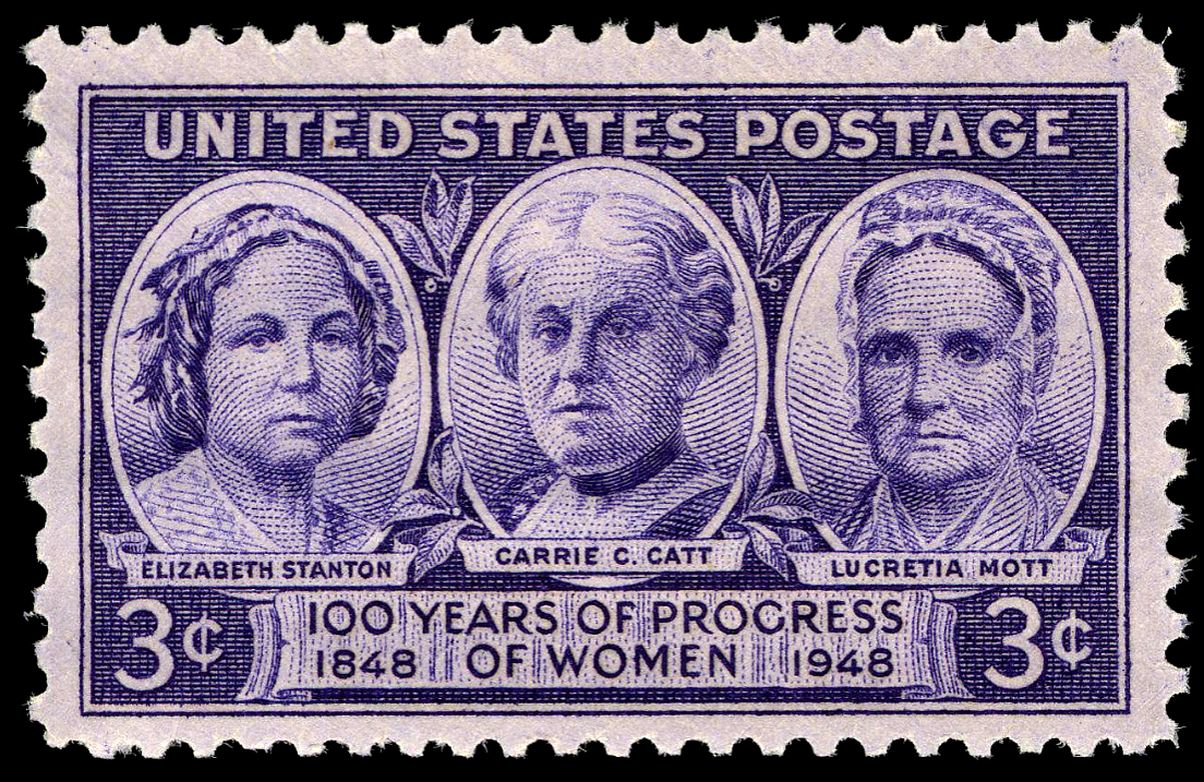 1948년 미국 기념 우표, 세네카 폴스 대회를 기념하는 '여성 진보 100년: 1848-1948'. 왼쪽부터 스탠턴, 캐리 채프먼 캐트, 루크레티아 모트.