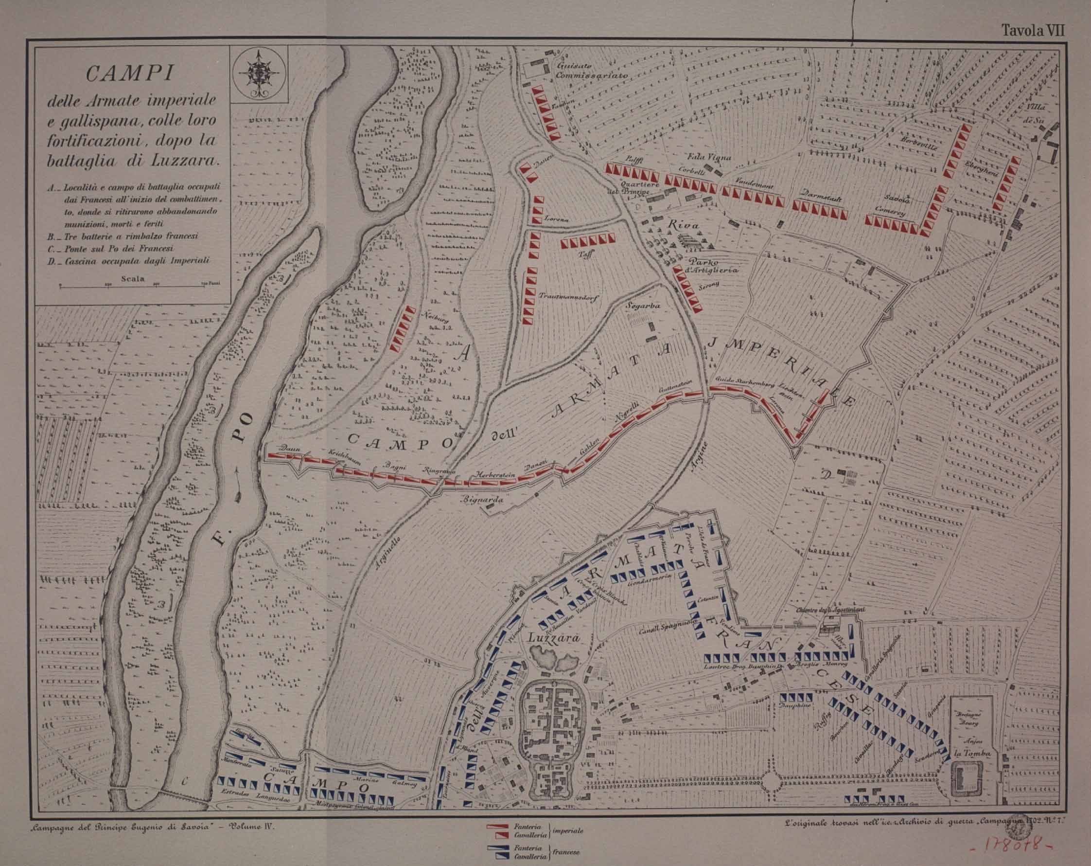 전투 지도; 오스트리아군(빨강) 상단, 프랑스-사보이아군(파랑) 하단