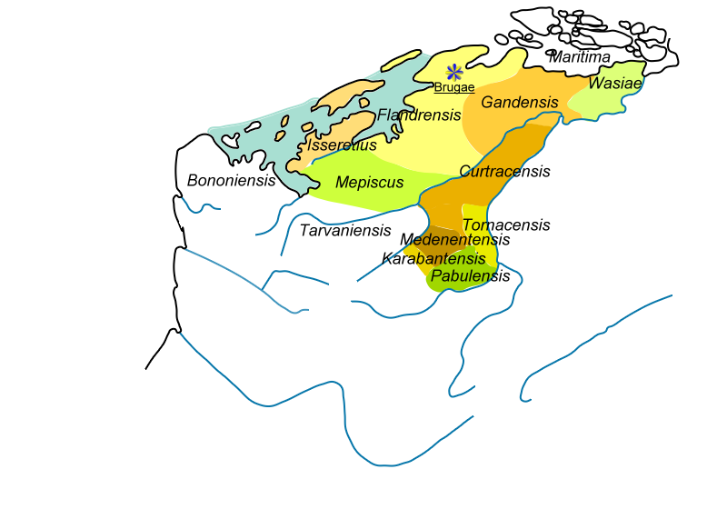 플랑드르의 「파지」(Pagi, 구역). 바다에서 나중에 되찾은 모든 땅을 보여준다.