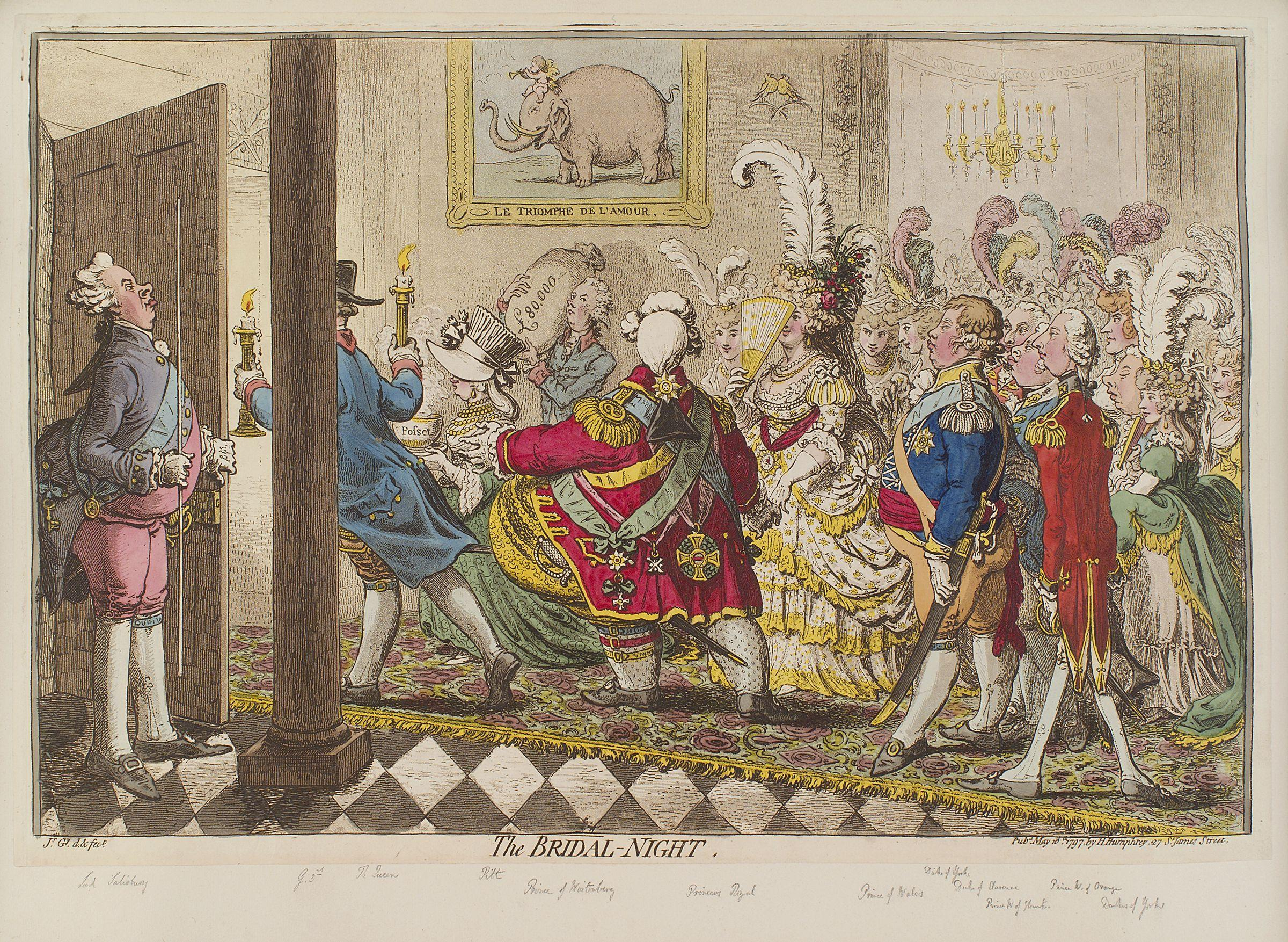 The Bridal Night của James Gillray, tranh châm biếm cuộc hôn nhân của Charlotte và Friedrich.