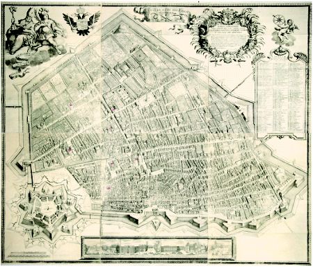 중세 성벽과 별 모양 요새를 보여주는 도시 배치도