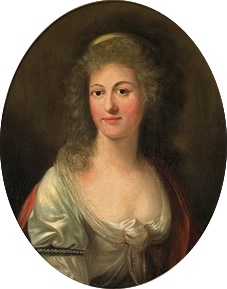 젊은 금발 여성이 생각에 잠긴 듯 바라보고 있다. 그녀는 가슴 부분이 매듭으로 묶인 밝은 색 드레스와 어깨에서 일부 흘러내린 붉은 숄을 걸치고 있다.