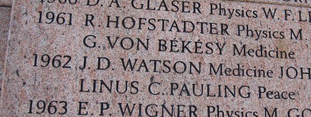 Nama Watson pada Monumen Nobel di New York City; ia hanya menyenaraikan pemenang Nobel Amerika, bukan Crick dan Wilkins yang berkongsi Nobel Fizik 1962.