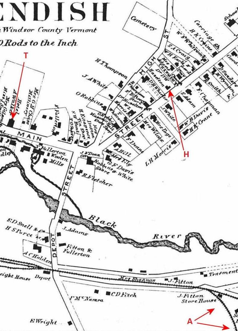 Map of Cavendish, Vermont, 20 years after Gage's accident. (A) Region of the accident site; (T) Gage's lodgings; (H) Harlow's home and surgery.