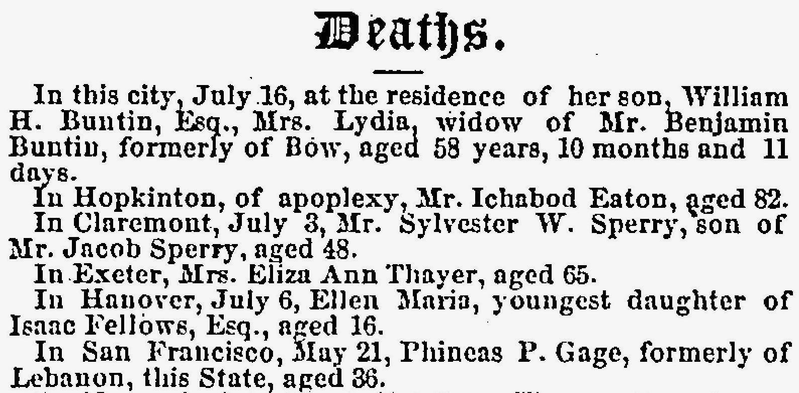 New Hampshire Statesman, July 21, 1860, reporting Gage's death.