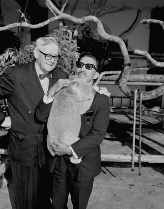 Sir Edward Hallstrom and Omar Ali Saifuddien (carrying a koala) at Taronga Park Zoological Gardens in Sydney, 1964
