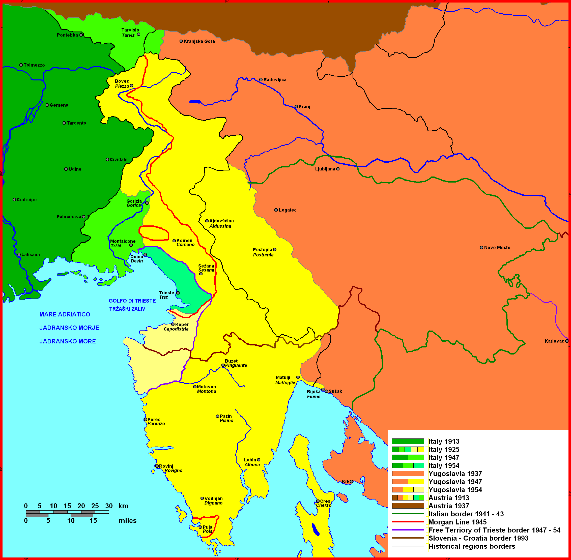 1920년부터 1975년까지 이탈리아 동부 국경의 변화.