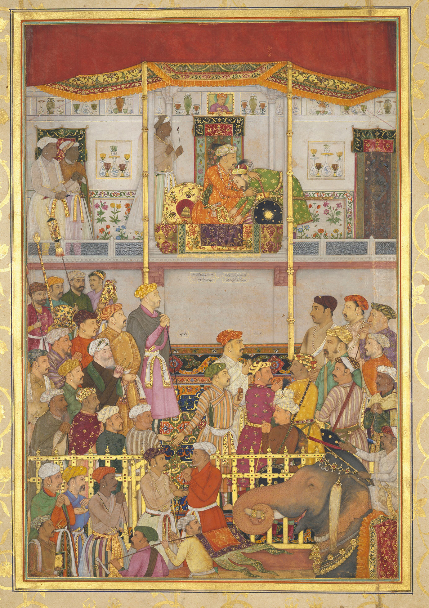 Jahangir Receives Prince Khurram at Ajmer on His Return from the Mewar Campaign, Balchand, circa 1635, a Mughal miniature painting renowned for its intricate detail and portraiture.