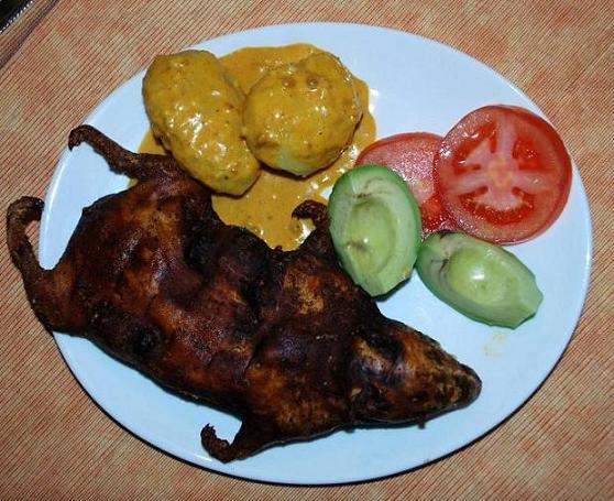 Cuy asado (grilled guinea pig), a traditional highland delicacy.
