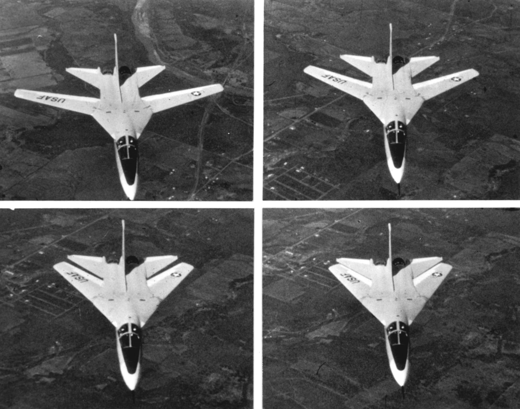 흑백 사진 4장으로 F-111A가 초음속 비행을 위해 날개를 후퇴시키는 순서를 보여줍니다.