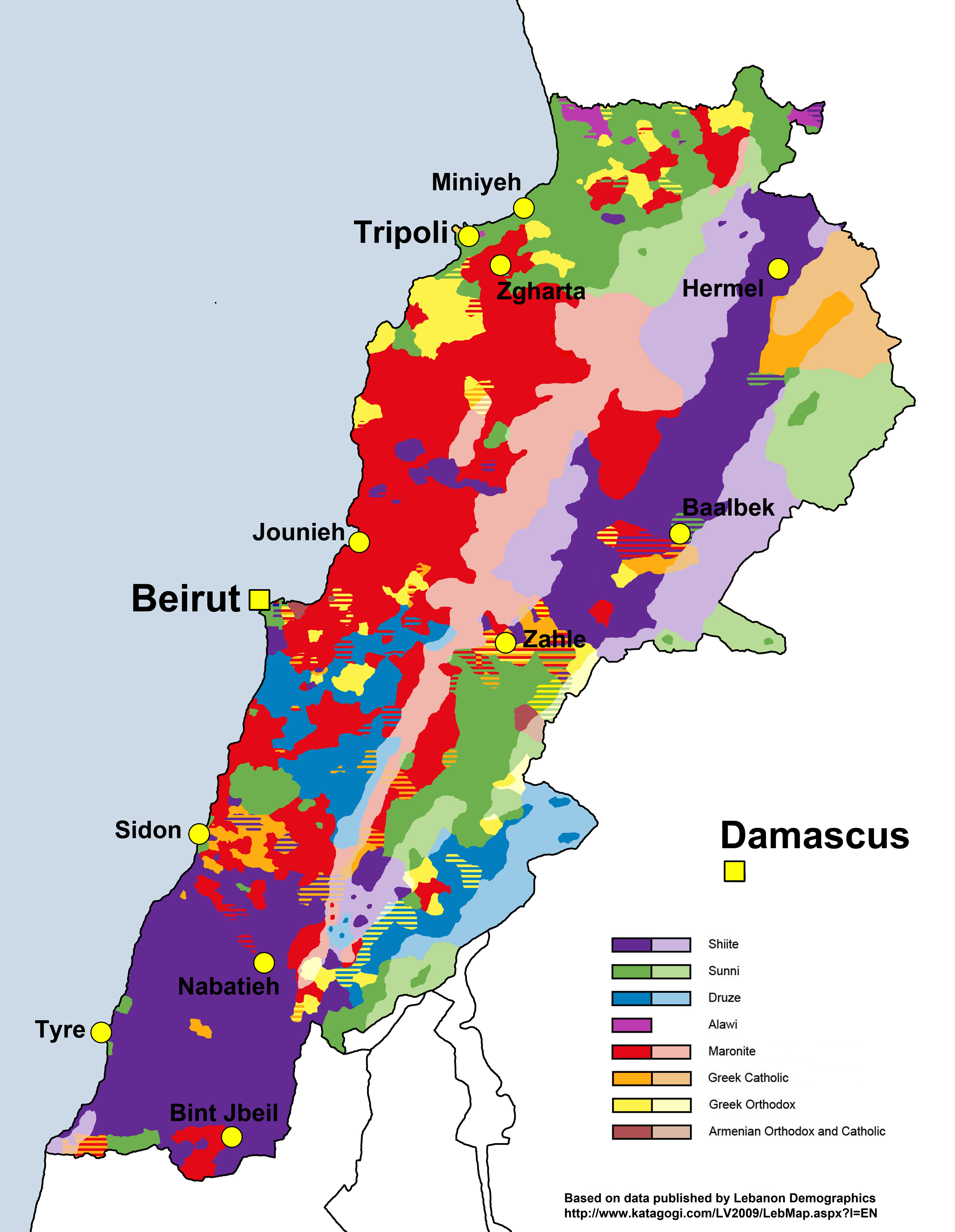 Distribusi kelompok agama utama Lebanon menurut data pemilihan kota tahun 2009. Data ini mungkin tidak sepenuhnya mencerminkan demografi saat ini karena tidak adanya sensus baru dan perubahan populasi akibat migrasi dan pengungsi.