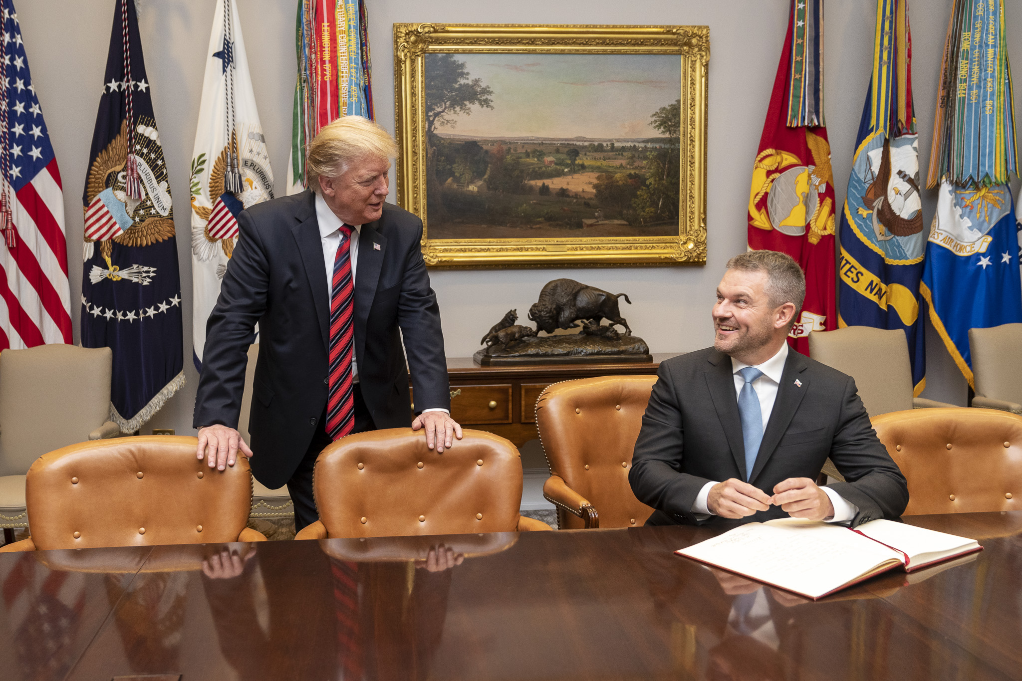 アメリカ大統領ドナルド・トランプとホワイトハウスで会談する当時のスロバキア首相ペテル・ペレグリニ(現スロバキア大統領)(2019年)。
